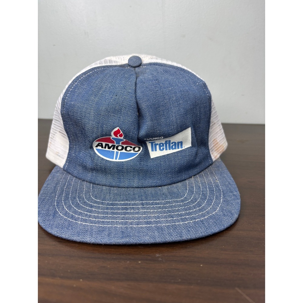Vintage Swingster Amoco Treflan Denim Trucker Hat Snapback‎ Blue White Mesh USA